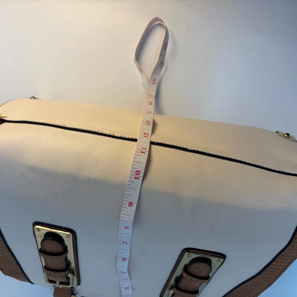 ALDO Cream & Tan Structured Satchel Handbag Faux Leather Work Purse - Picture 6 of 9
